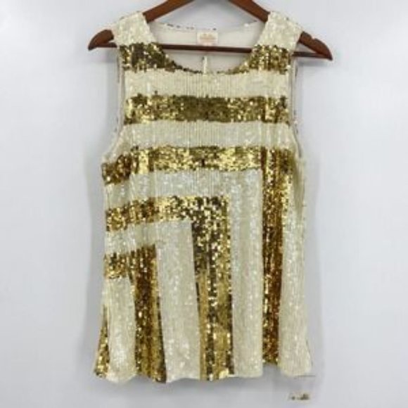 Julie Brown Sequined Top Striped Ivory Gold Sleeveless Pullover Round Neck SZ L - Picture 1 of 5